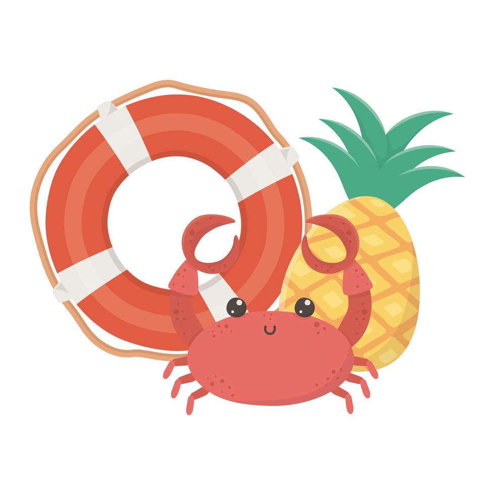 zomer reizen en vakantie strand reddingsboei krab en ananas geïsoleerd ontwerp pictogram vector