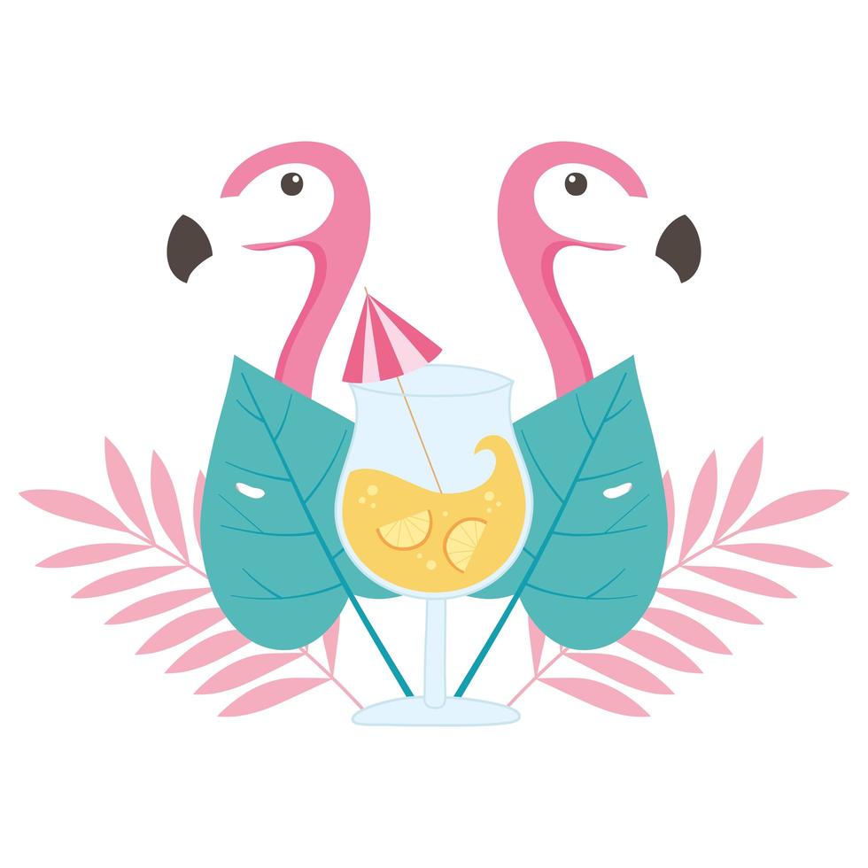 zomertijd vakantie toerisme flamingo vogels cocktail en tropische bladeren vector