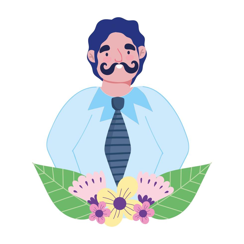 gelukkige vaderdag, jonge vader met bloemen laat cartoon vector