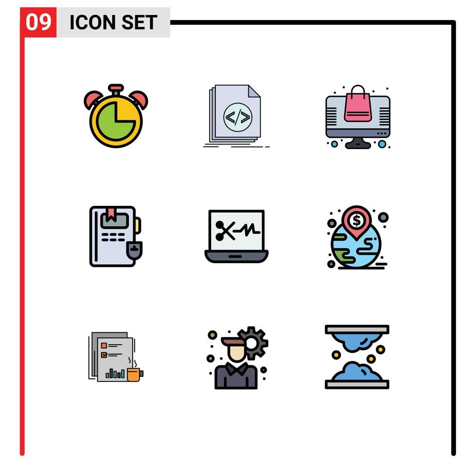 pak van 9 modern gevulde lijn vlak kleuren tekens en symbolen voor web afdrukken media zo net zo audio bewerken software kennis script onderwijs online op te slaan bewerkbare vector ontwerp elementen