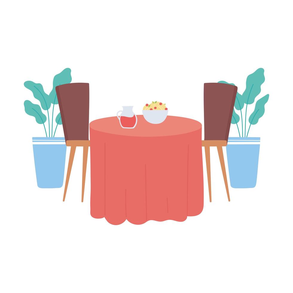 restaurant binnentafel met eten en drinken, raamstoelen en plantendecoratie vector