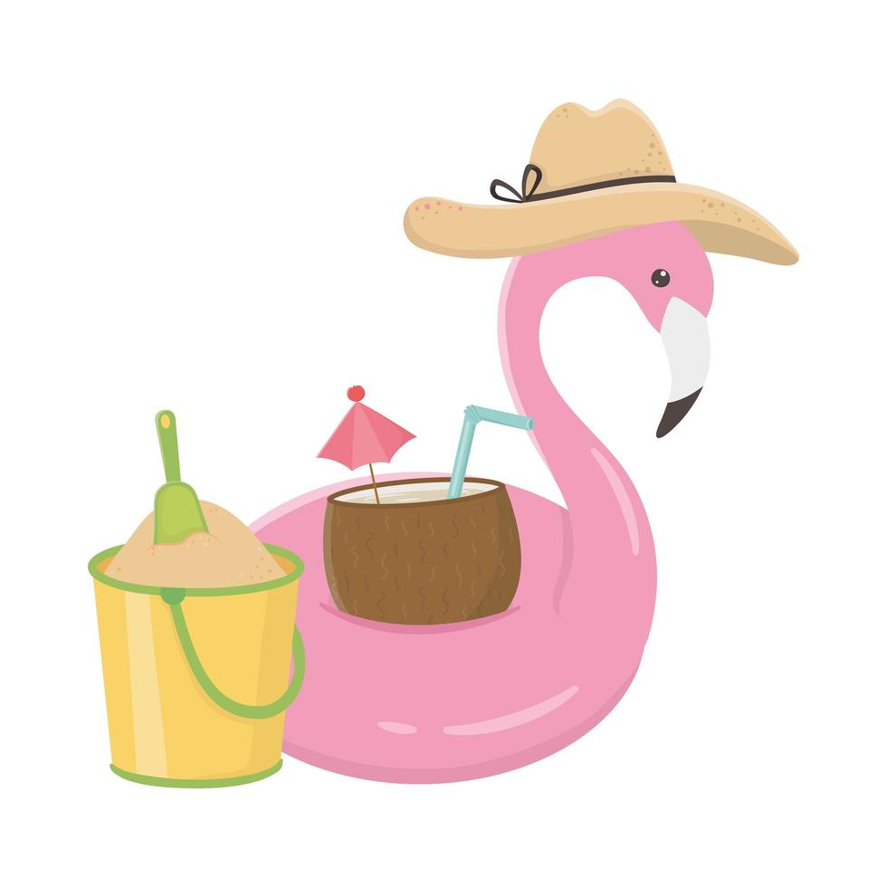 zomer reizen en vakantie float flamingo met hoed emmer cocktail in handdoek vector