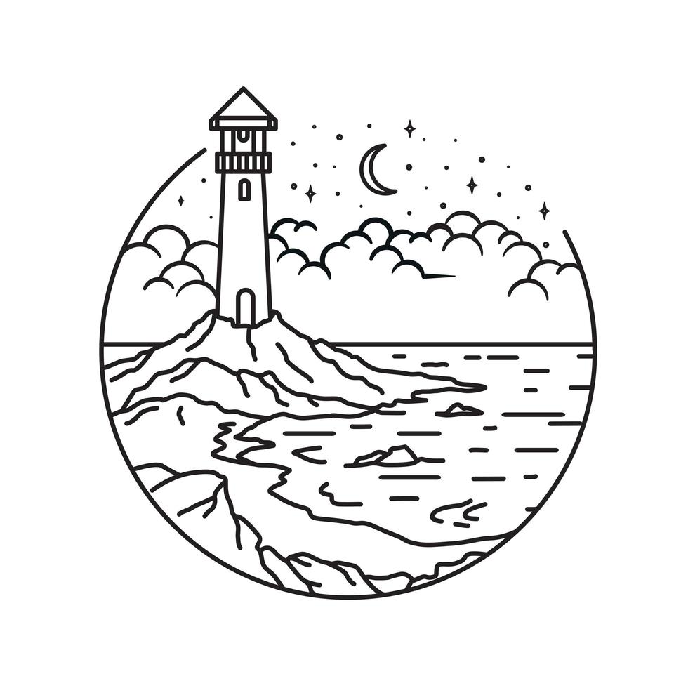 vuurtoren lijntekeningen stijl, landschap lijntekeningen ontwerp, zee en strand lijntekeningen vector