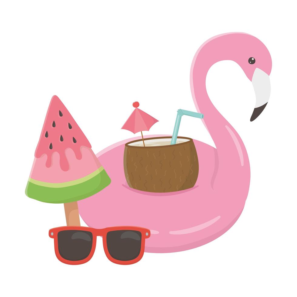 zomer reizen en vakantie float flamingo kokos cocktail ijs zonnebril watermeloen vector