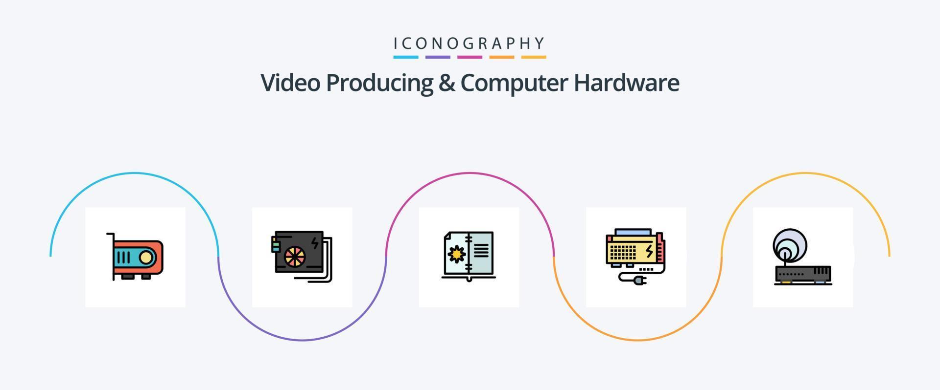 video produceren en computer hardware lijn gevulde vlak 5 icoon pak inclusief bron. computer. levering. accu. instructie vector