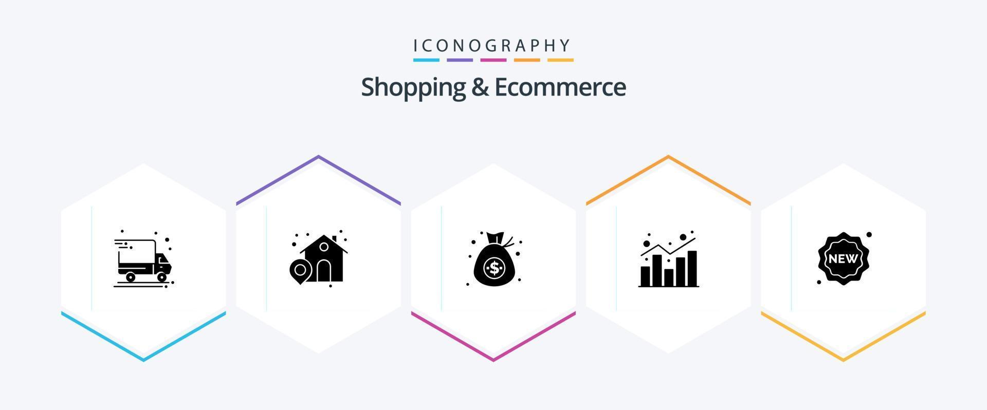 boodschappen doen en ecommerce 25 glyph icoon pak inclusief nieuwe. kenteken. dollar. statistieken. verslag doen van vector