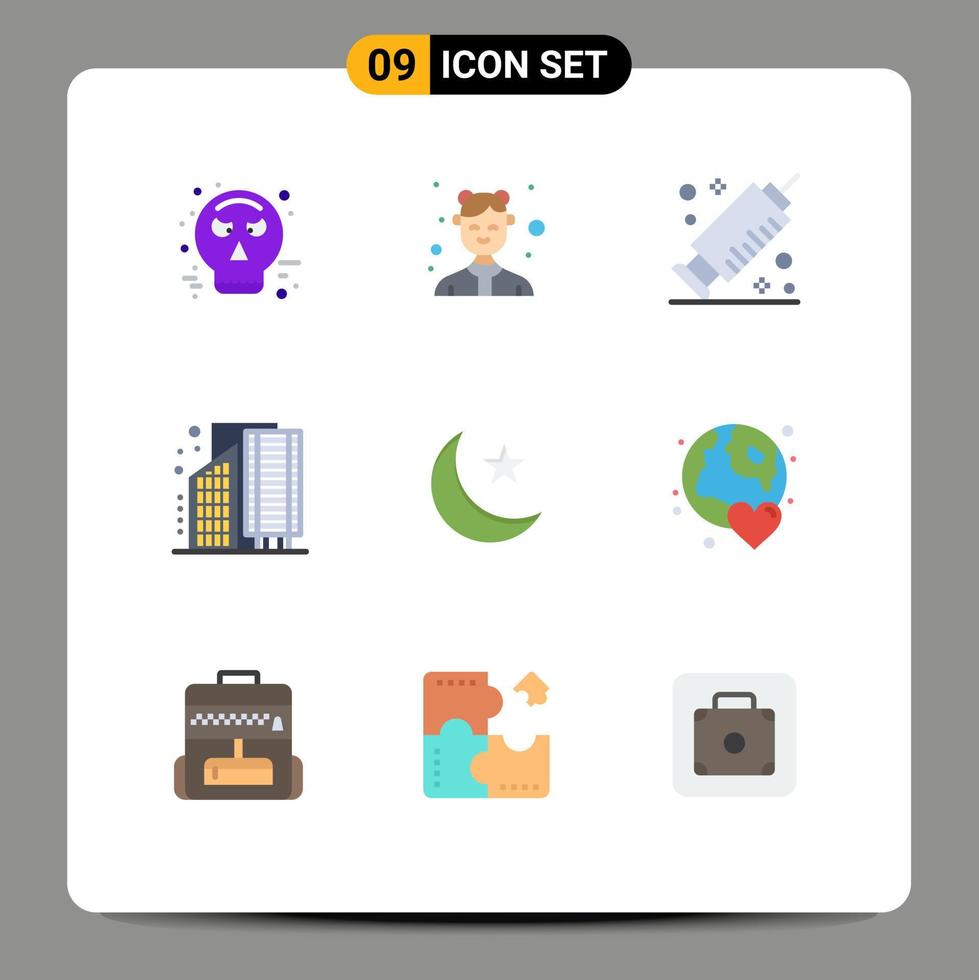 reeks van 9 modern ui pictogrammen symbolen tekens voor maan wijk werk stad gebouwen bewerkbare vector ontwerp elementen