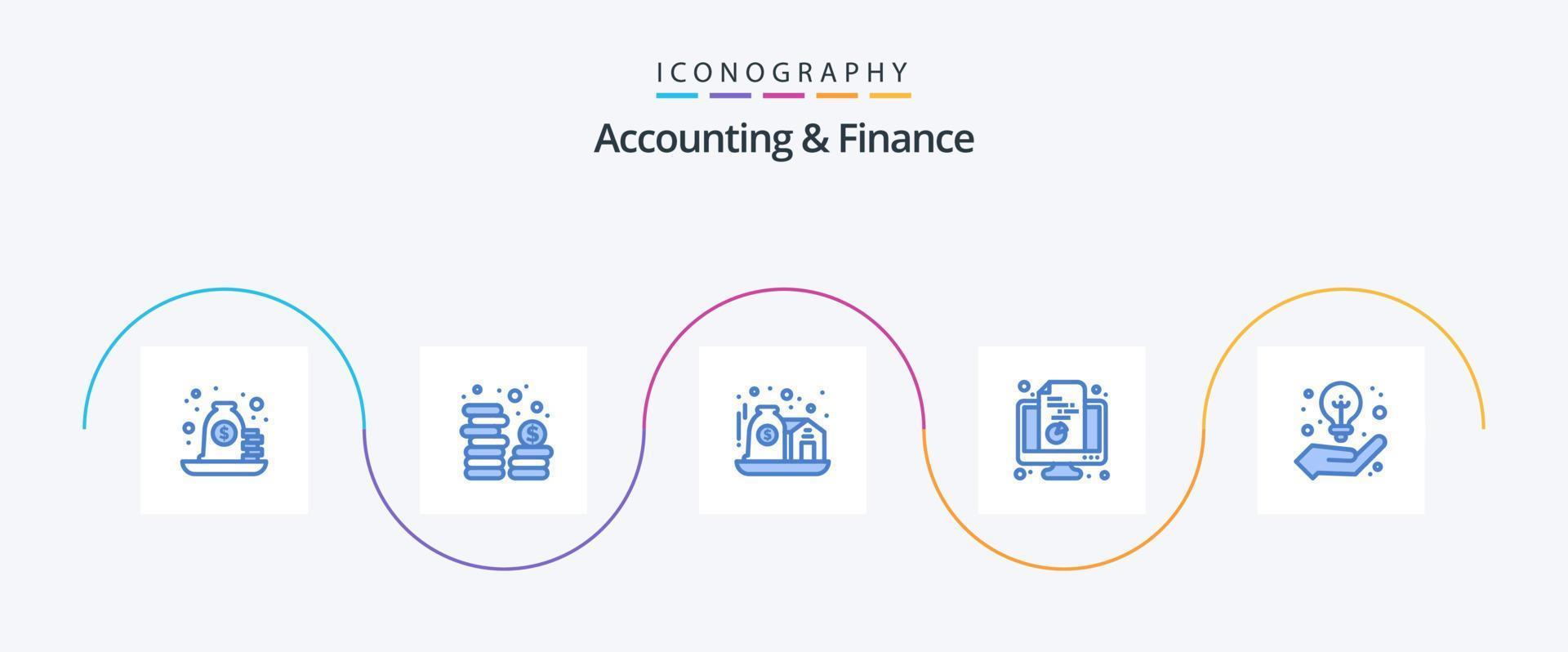 accounting en financiën blauw 5 icoon pak inclusief document. monitor. munteenheid. computer. zorg vector