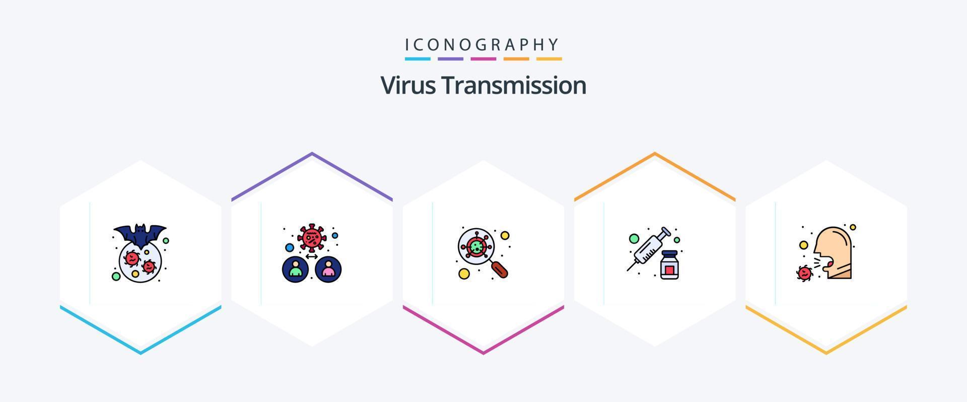 virus transmissie 25 gevulde lijn icoon pak inclusief covid. vaccin. devirus. spuit. verdovende middelen vector