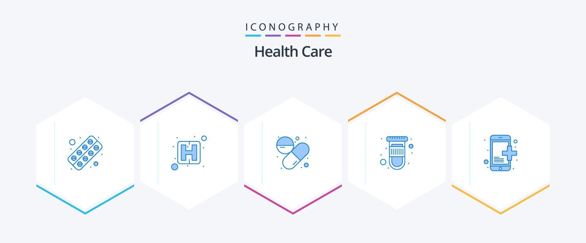 Gezondheid zorg 25 blauw icoon pak inclusief afspraak. capsule. test buis. bloed vector