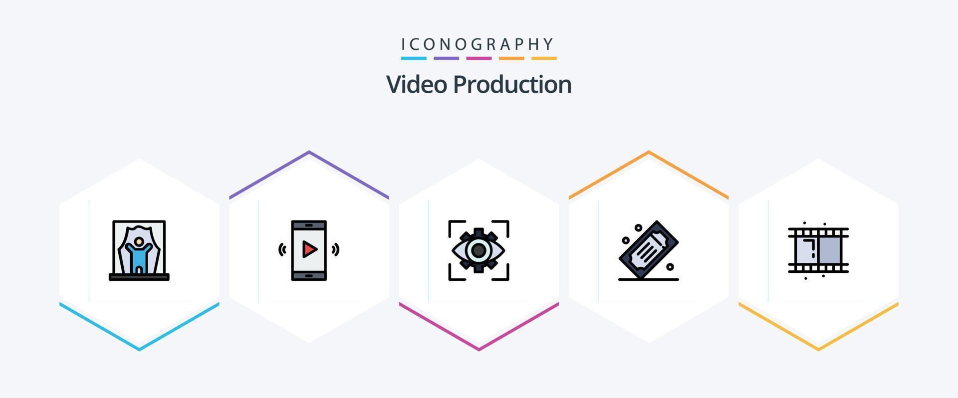 video productie 25 gevulde lijn icoon pak inclusief film kaartjes. bioscoop kaartjes. spreker. visie. verbeelding vector