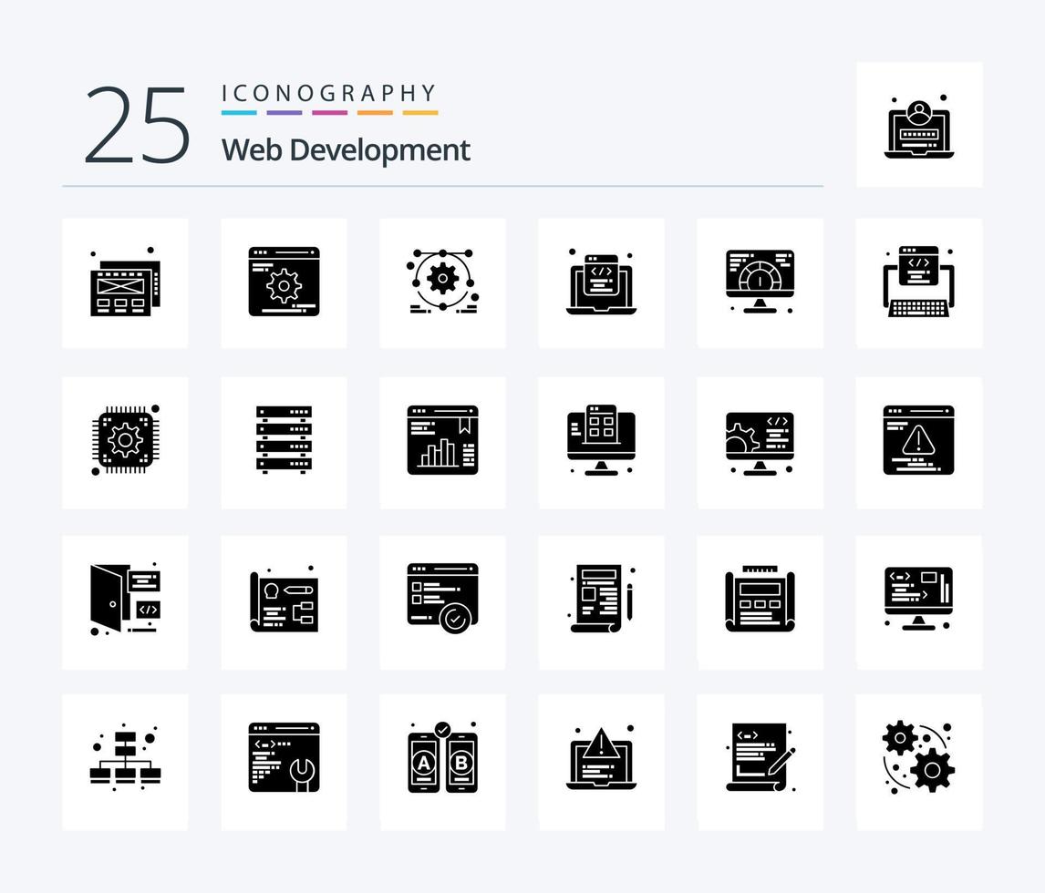 web ontwikkeling 25 solide glyph icoon pak inclusief portie. web. instelling. snelheid. programmering vector