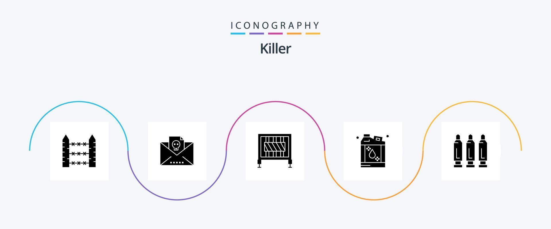 moordenaar glyph 5 icoon pak inclusief kogel. kerosine. schedel. brandbaar. signalering vector