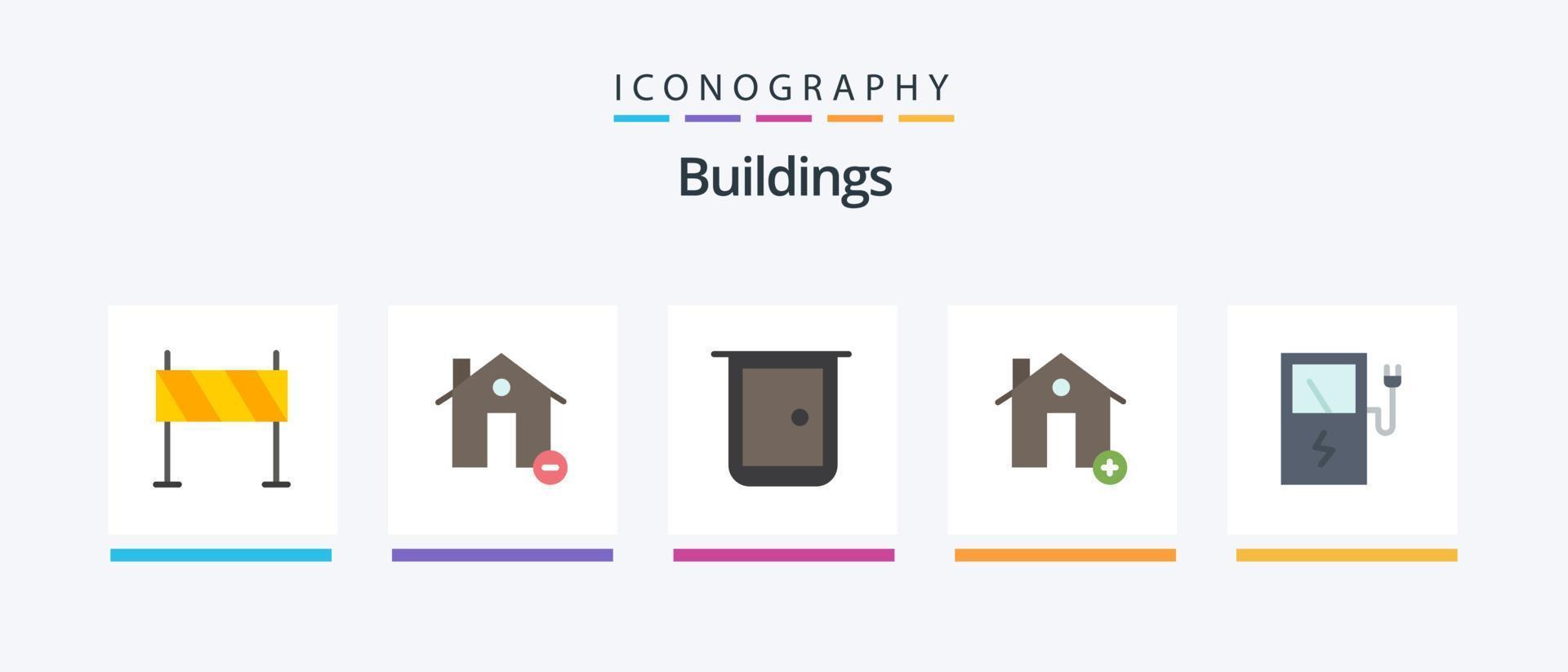 gebouwen vlak 5 icoon pak inclusief landgoed. toevoegen. huis. huis poort. poort. creatief pictogrammen ontwerp vector