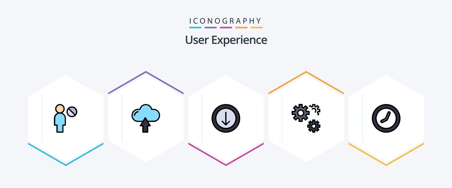 gebruiker ervaring 25 gevulde lijn icoon pak inclusief horloge. klok. pijl. onderhoud. versnellingen vector