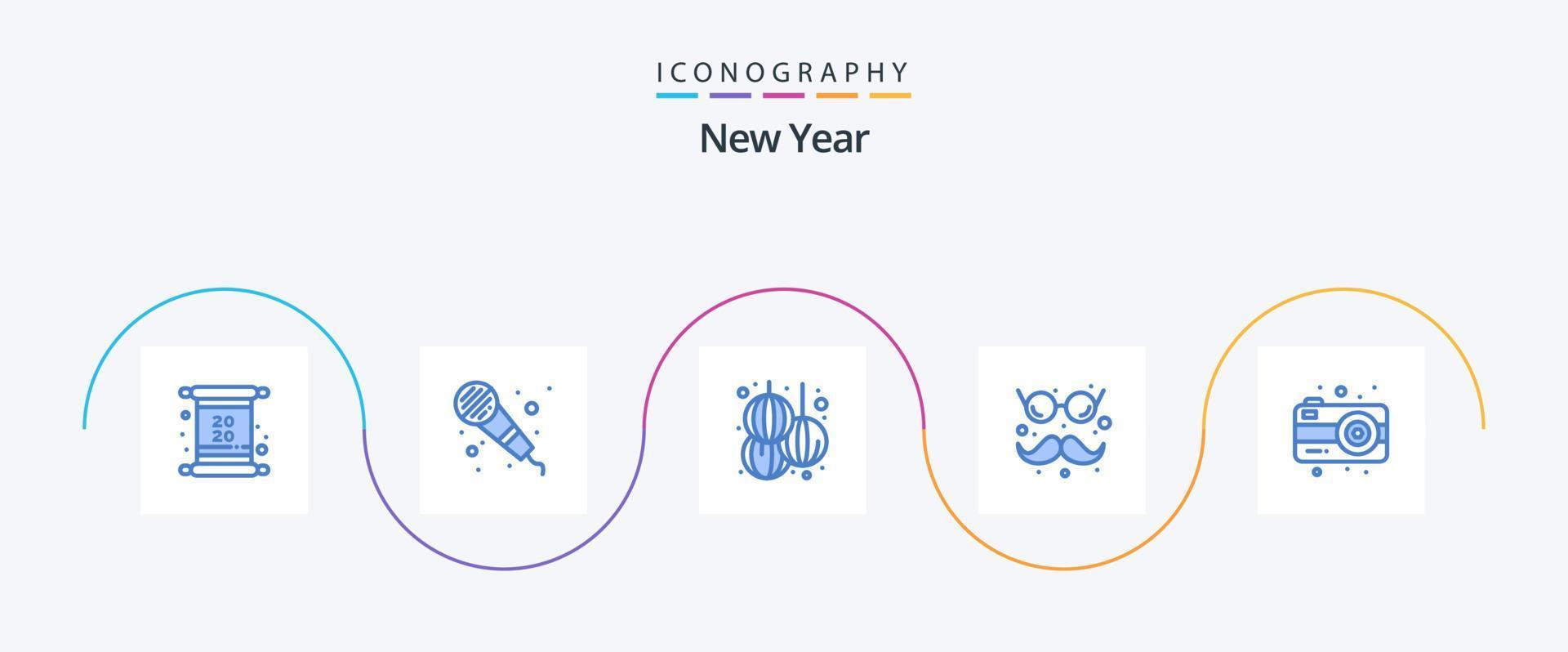 nieuw jaar blauw 5 icoon pak inclusief fotografie. camera. lantaarn. bril en snorren. grappig vector
