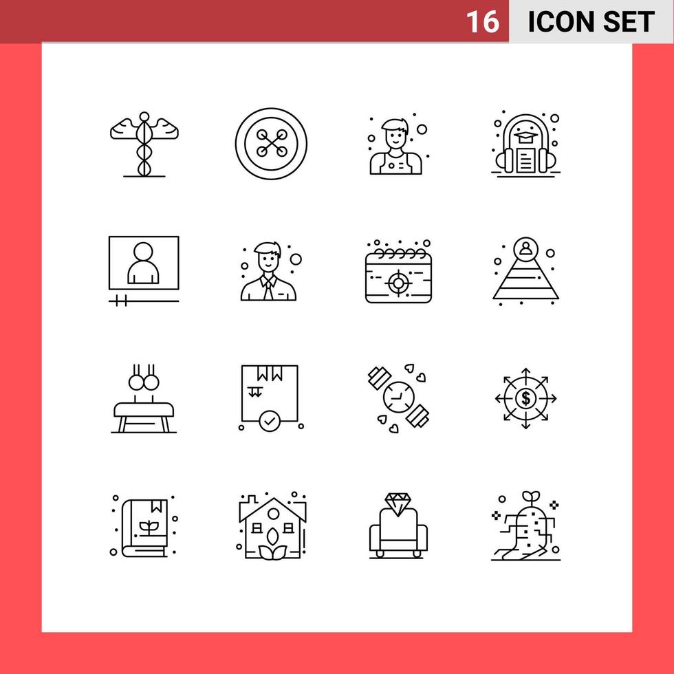 universeel icoon symbolen groep van 16 modern contouren van video speler video assistent aan het leren boek bewerkbare vector ontwerp elementen