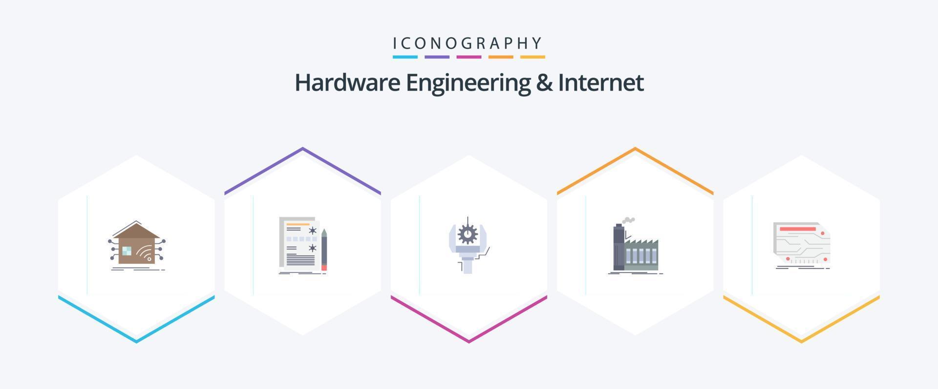 hardware bouwkunde en internet 25 vlak icoon pak inclusief industrie. fabriek. hardware. robotica. machine vector