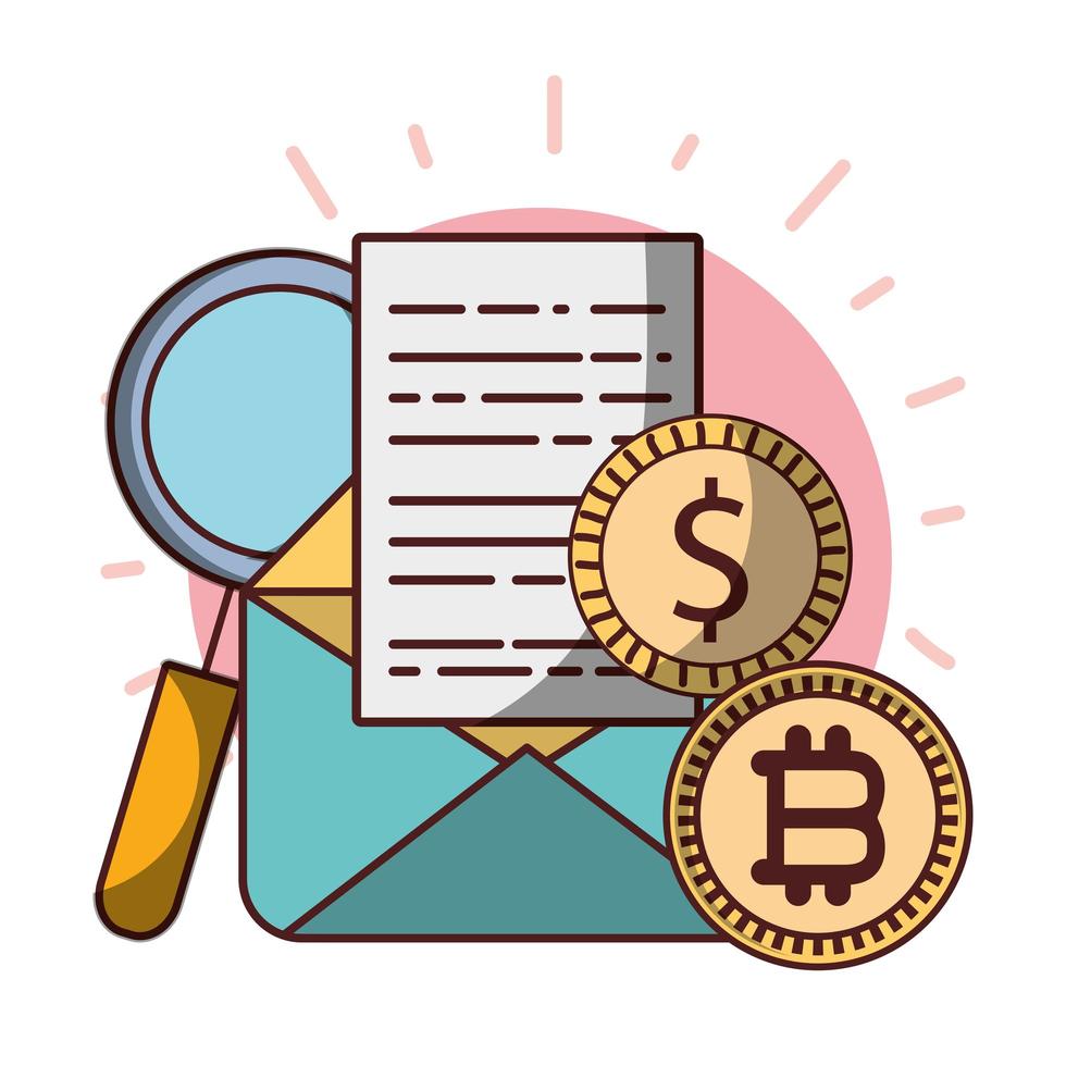 bitcoin munten dollar e-mail data-analyse cryptocurrency digitaal geld vector