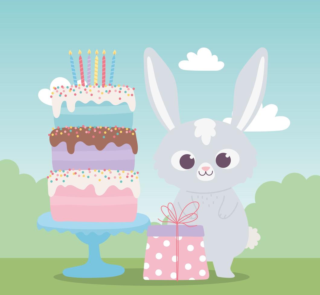 gelukkige verjaardag, schattig konijn met zoete cake en cadeau-viering decoratie cartoon vector