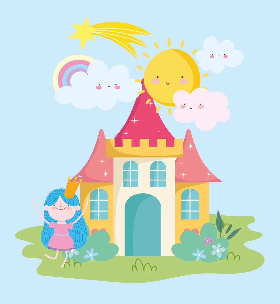 kleine fee met kroon kasteel regenboog zon wolken verhaal cartoon vector