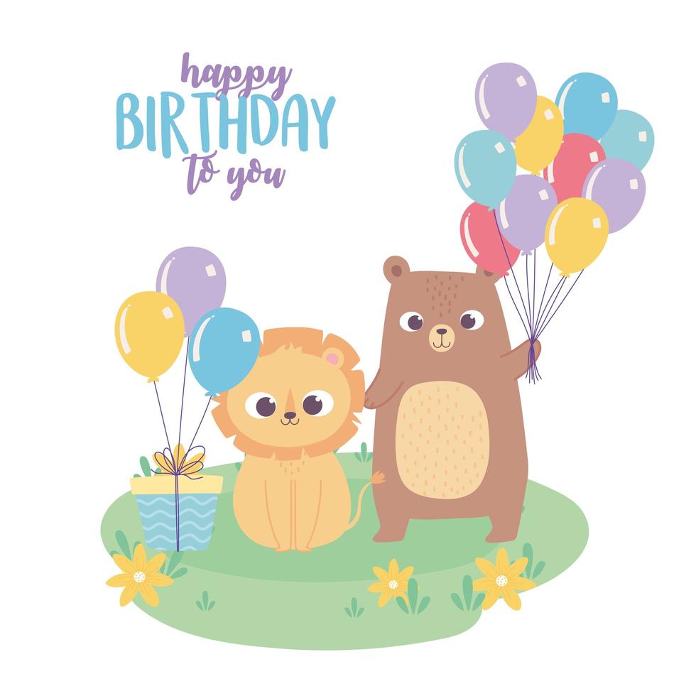 gelukkige verjaardag, schattige kleine leeuw beer met cadeau en ballonnen viering decoratie cartoon vector
