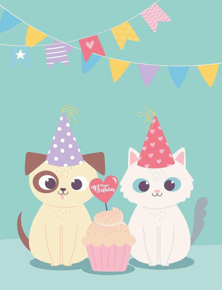 gelukkige verjaardag, schattige hond en kat met feestmuts en cupcake, feestdecoratie cartoon vector