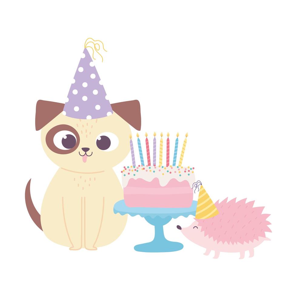 gelukkige verjaardag, schattige hond egel met cake en feestmutsen viering decoratie cartoon vector