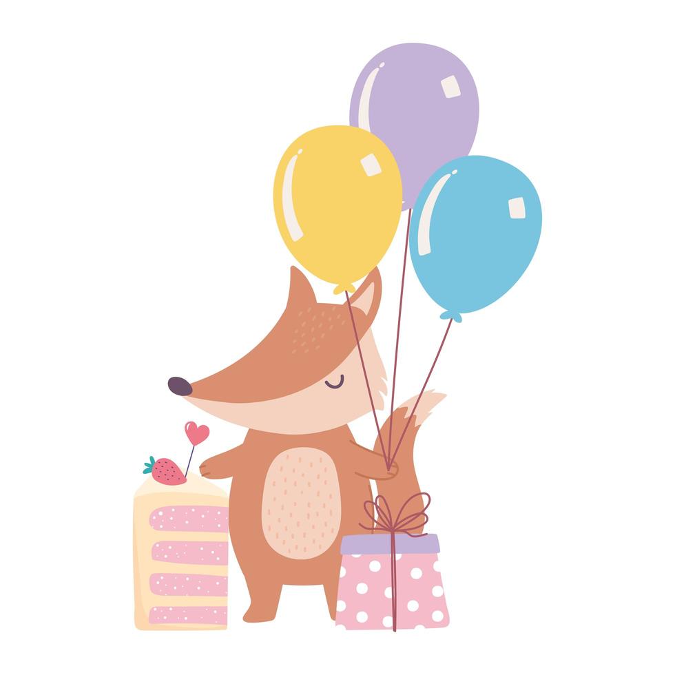 gelukkige verjaardag, schattige kleine vos met cake cadeau en ballonnen viering decoratie cartoon vector