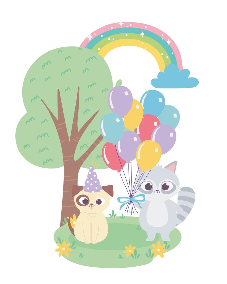gelukkige verjaardag, schattige wasbeerhond met ballonnen regenboog viering decoratie cartoon vector