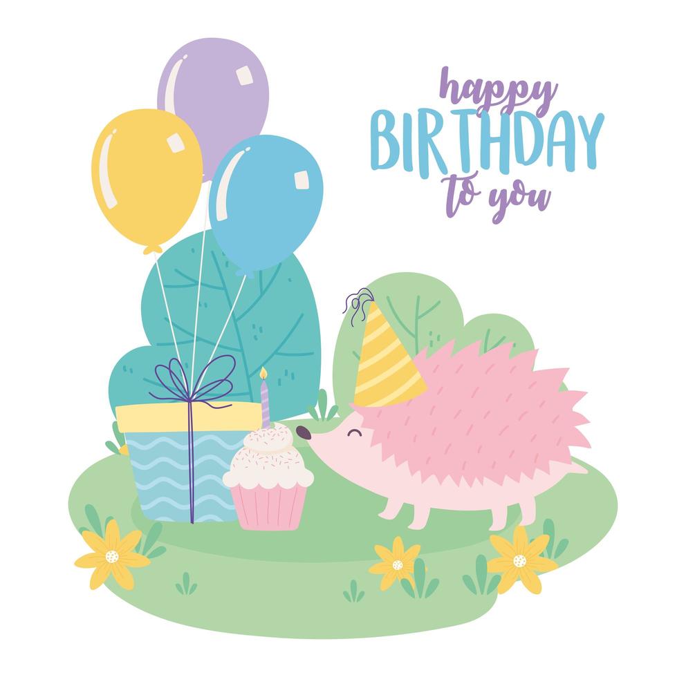 gelukkige verjaardag, schattige egel met cadeau cupcake en ballonnen viering decoratie cartoon vector