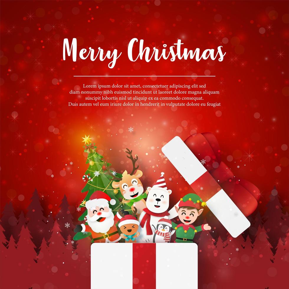 kerstkaart met de kerstman en vrienden in cadeau, papieren kunststijl vector