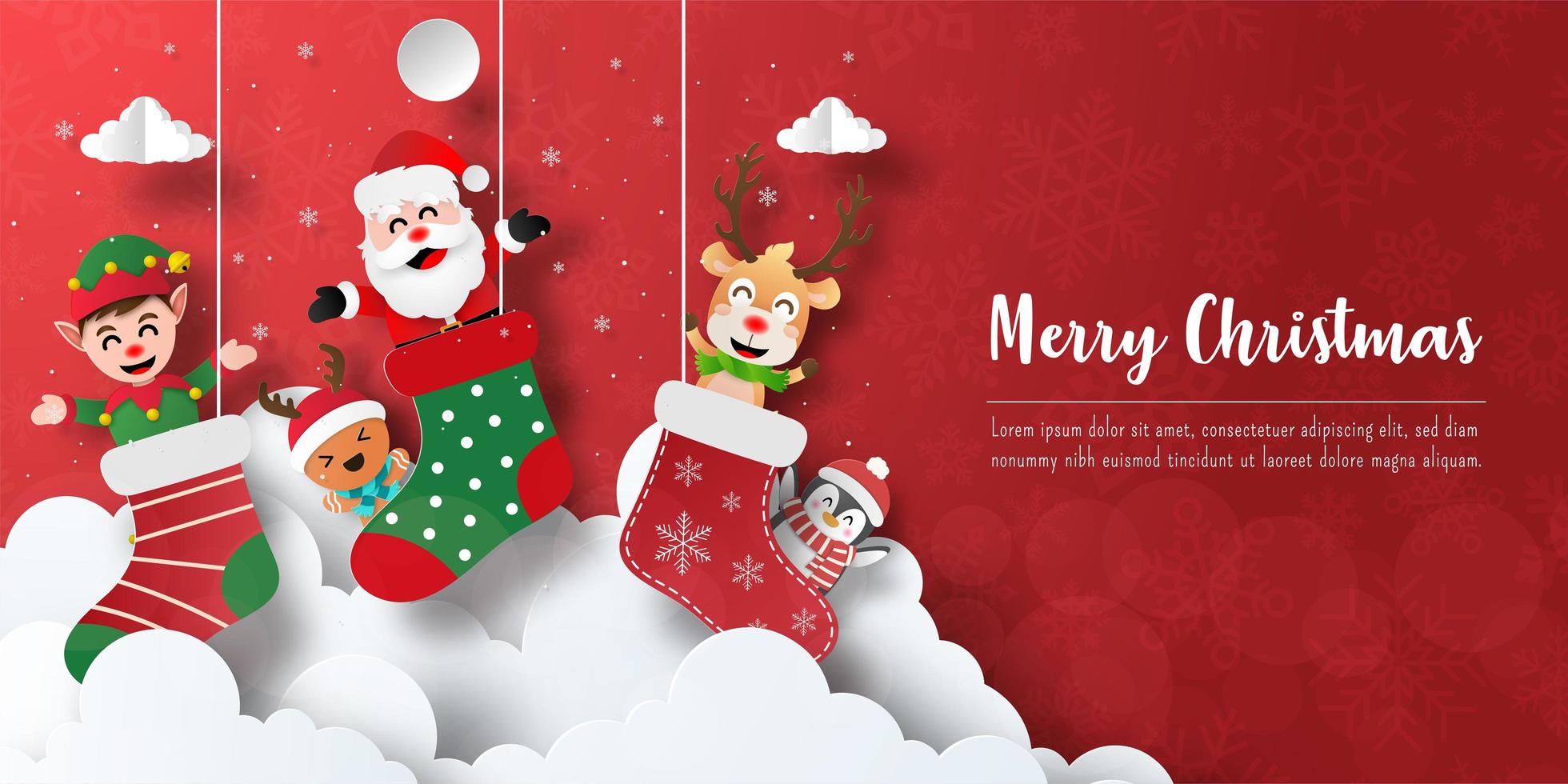 kerst briefkaart banner van de kerstman en vrienden in Kerstmissok vector