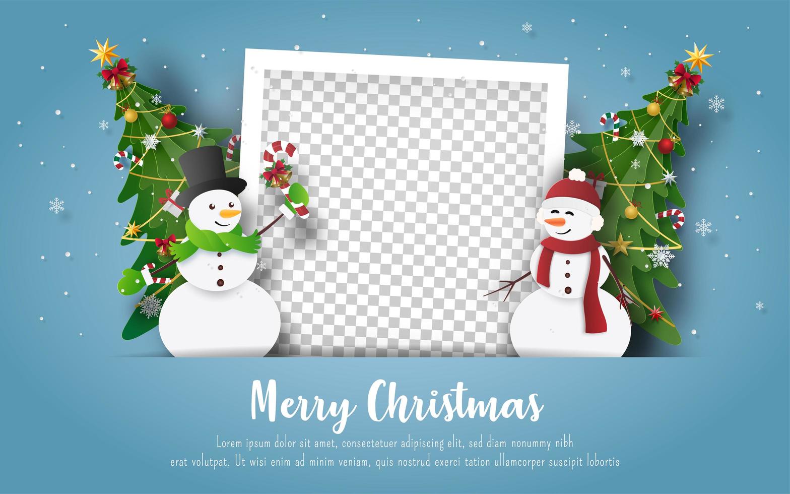 kerst ansichtkaart met sneeuwpop en lege fotolijst vector