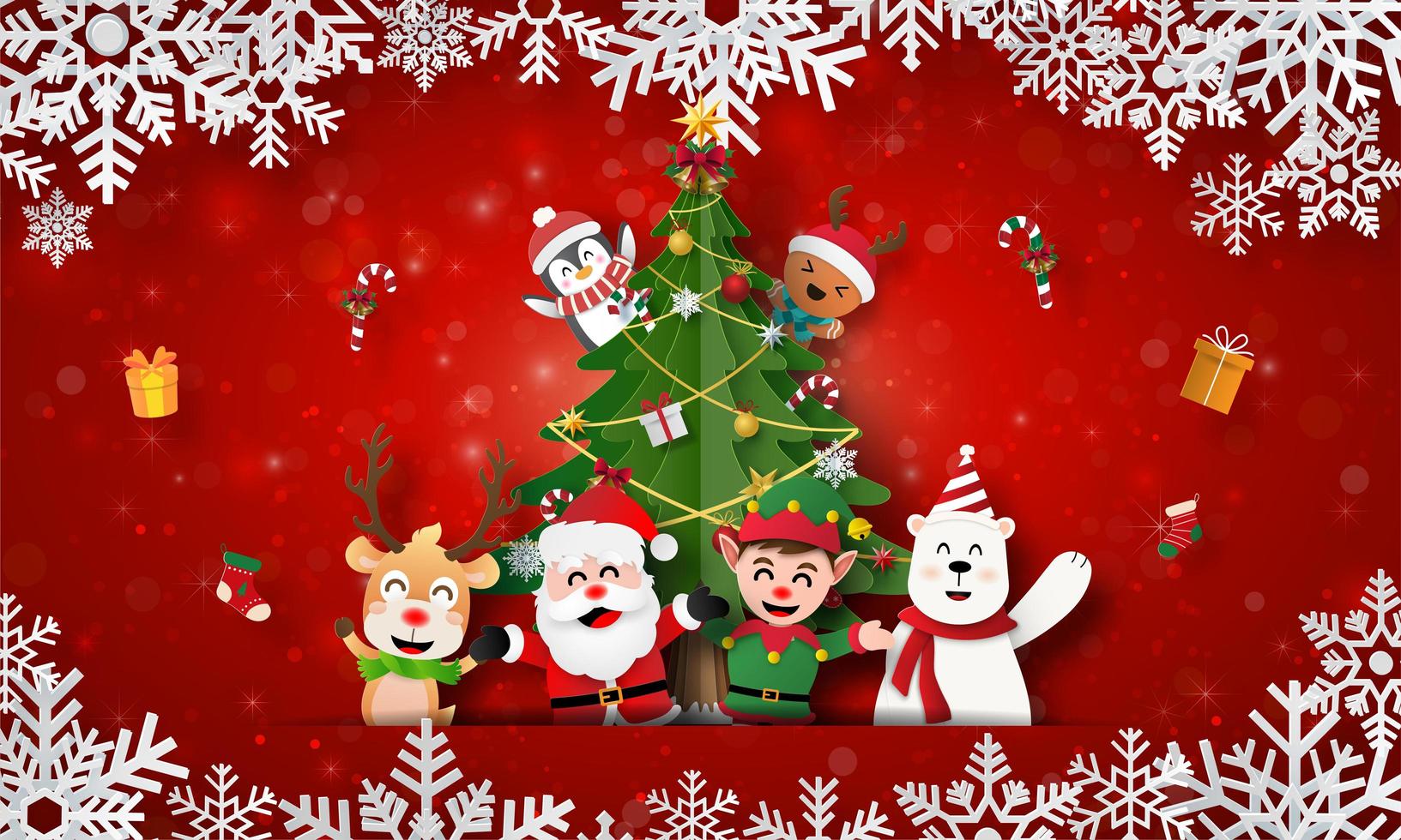 kerstman en vrienden met kerstboom op kerst briefkaart banner vector