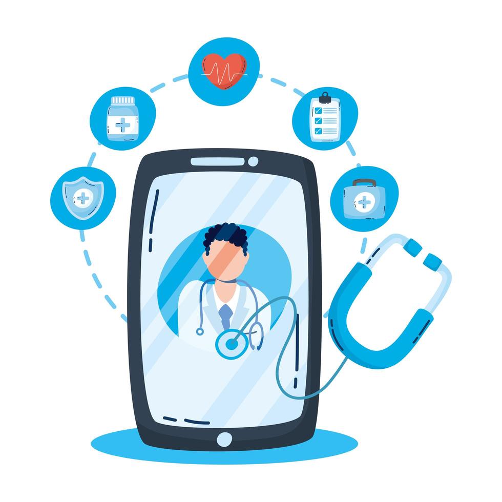 professionele arts met een stethoscoop in smartphone vector