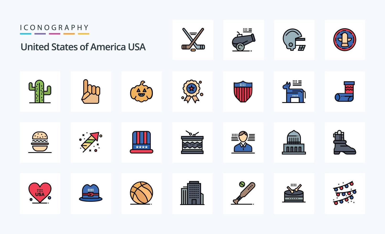 25 Verenigde Staten van Amerika lijn gevulde stijl icoon pak vector