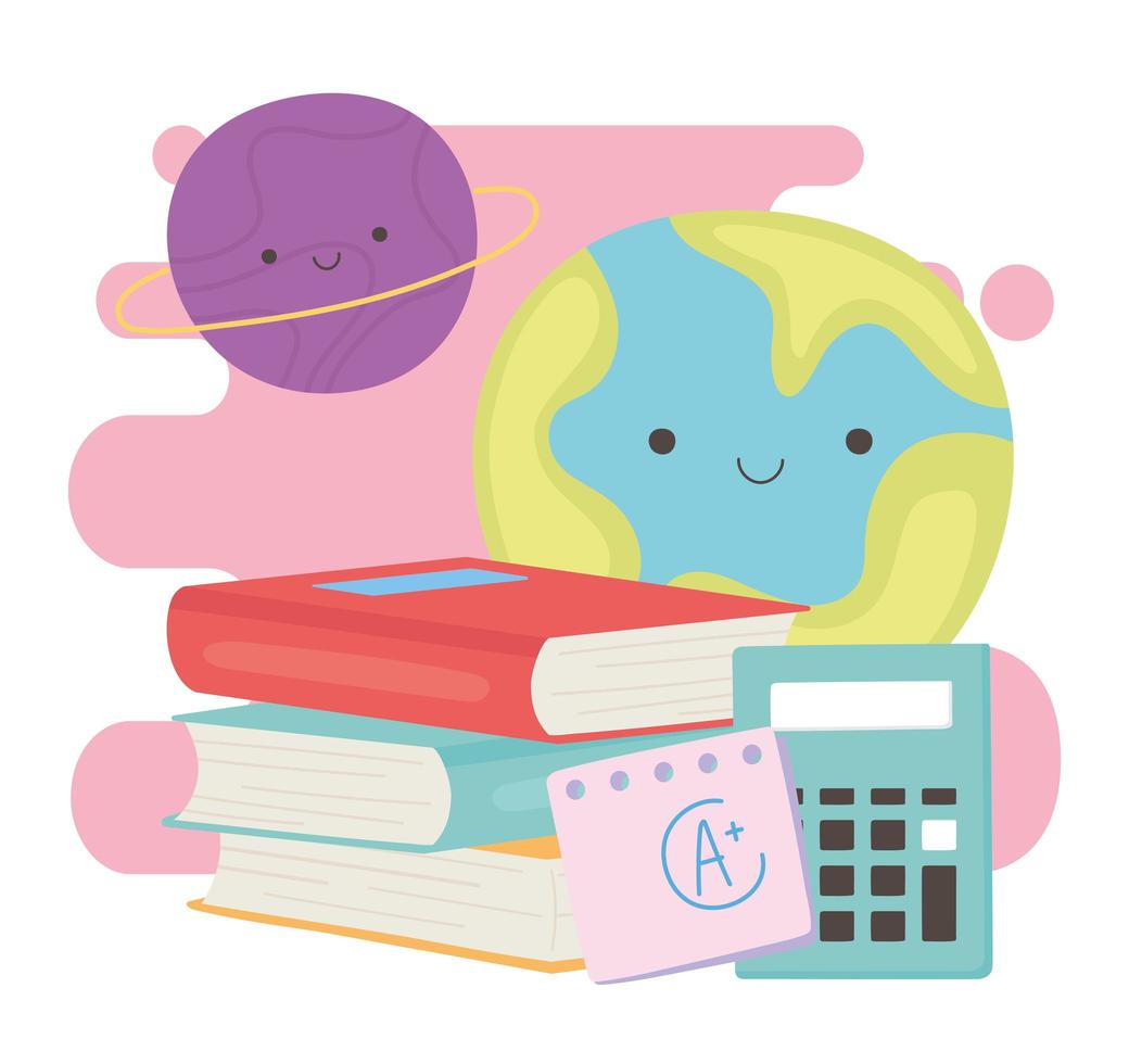 terug naar school, boeken rekenmachine papier en planeten onderwijs cartoon vector
