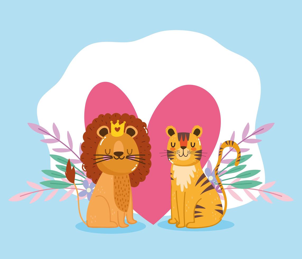 schattige cartoon dieren leeuw en tijger bloemen hart liefde schattig vector