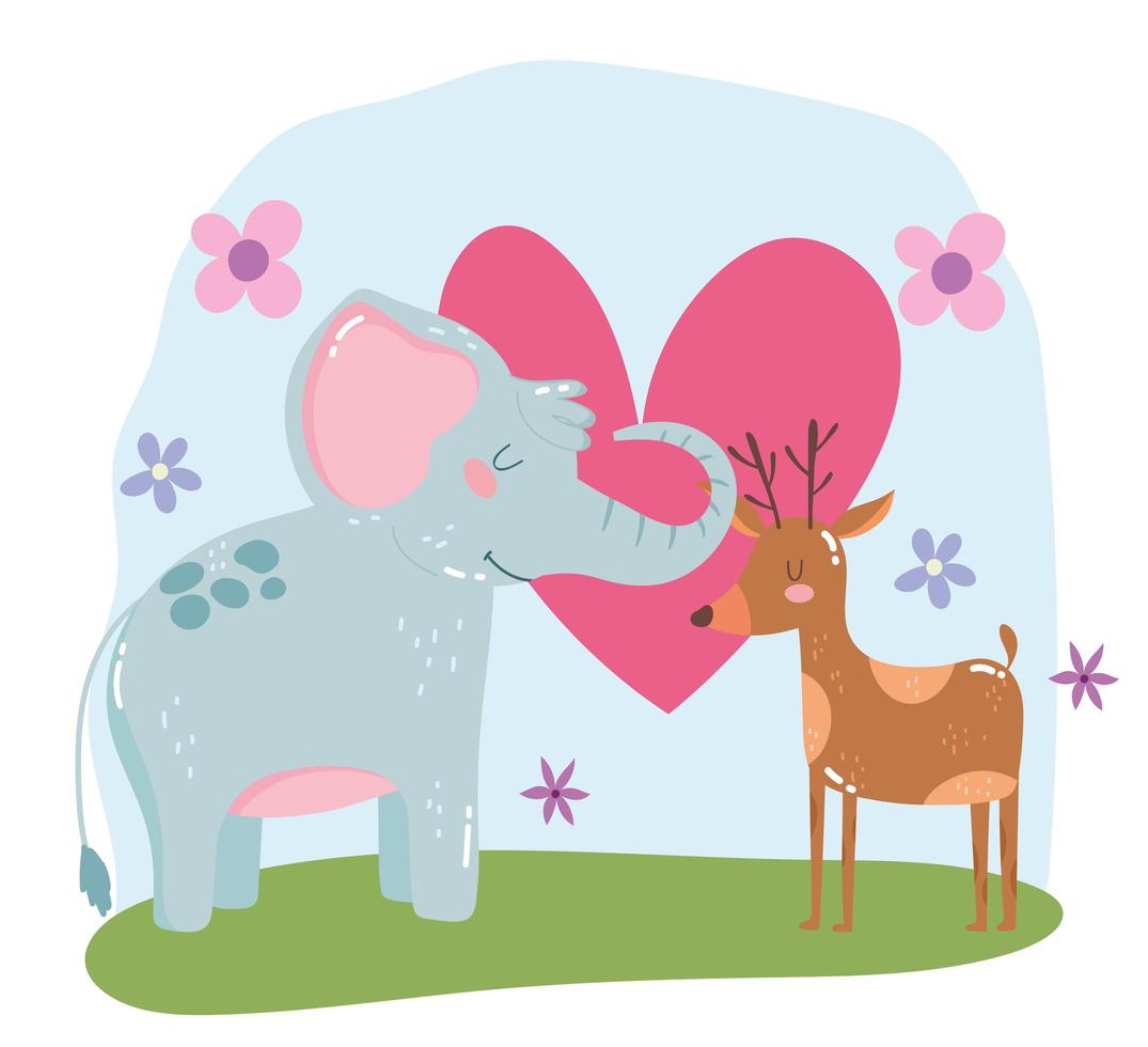 schattige dieren olifant en rendier bloemen harten houden van schattige cartoon wild vector