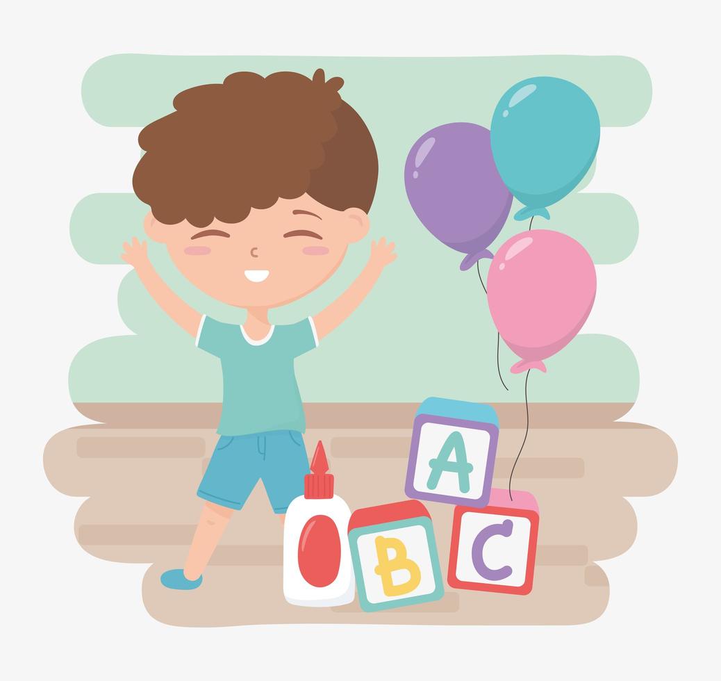 terug naar school, lijmblokken student jongen alfabet en ballonnen onderwijs cartoon vector