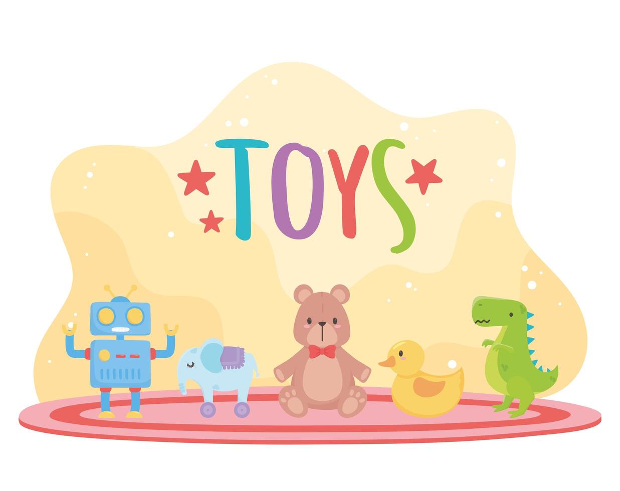 kinderen speelgoed object grappige cartoon teddybeer eend dinosaurus robot olifant op tapijt vector