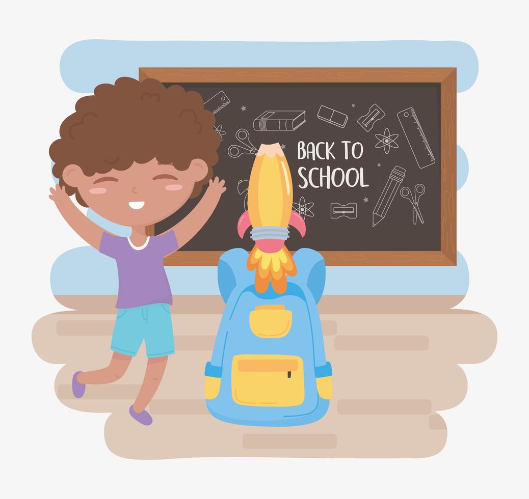 terug naar school, studentenjongen met schoolbordrugzak en cartoon van het raketonderwijs vector