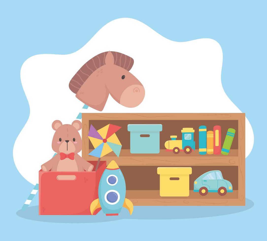 kinderspeelgoed object grappig cartoon houten plank paard beer raket auto boeken en trein vector