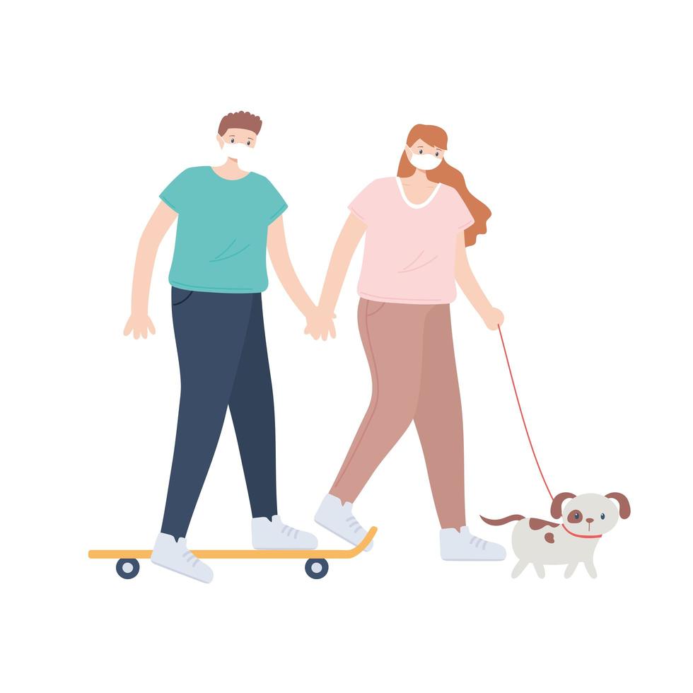 mensen met medisch gezichtsmasker, jongen rijden skate en meisje wandelen met hond, stadsactiviteit tijdens coronavirus vector
