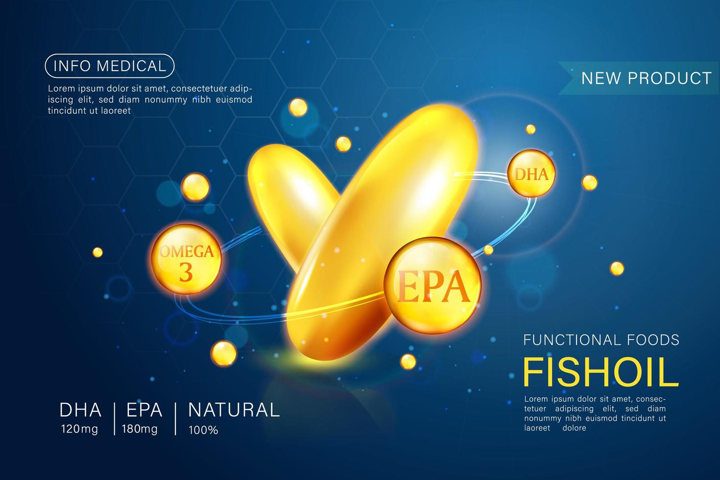 visolie-advertentiesjabloon, omega-3-softgel met zijn pakket. diepzee achtergrond. 3D-afbeelding. vector