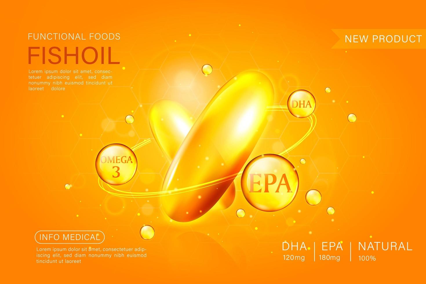 visolie advertentiesjabloon, omega-3 softgel geïsoleerd op chroom gele achtergrond. 3D-afbeelding. vector