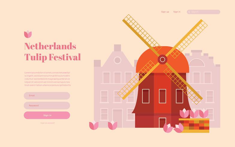 Nederlandse tulpenfestival-bestemmingspagina, webpagina-sjabloon. vector