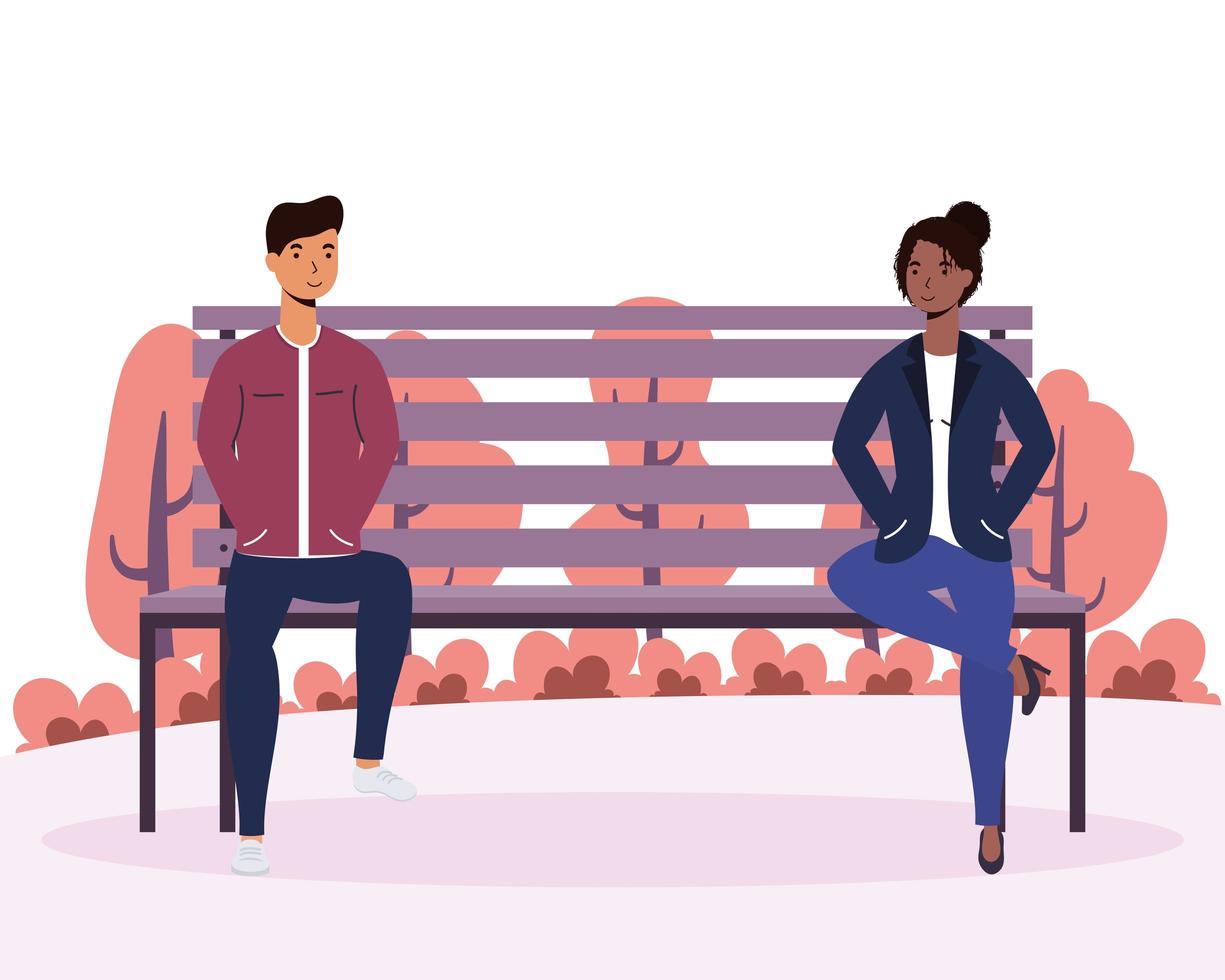 interraciale jonge paar liefhebbers in de park stoel avatars karakters vector
