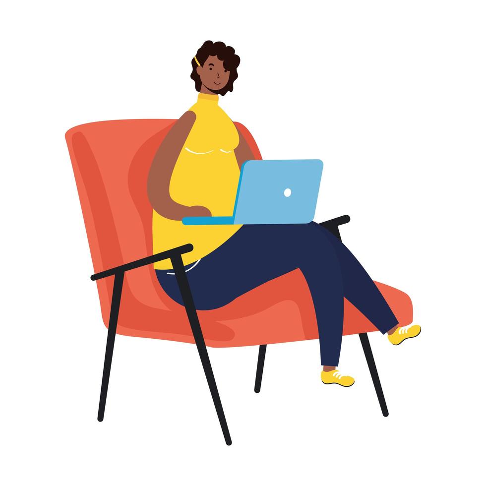 Afrikaanse vrouw die in laptop werkt zittend in de bank vector